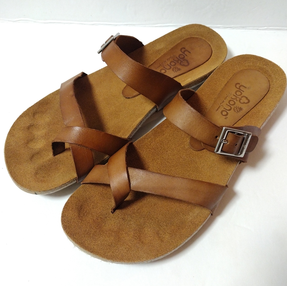 Yokono Ibiza Made in Spain Women's Leather Slide Toe Ring Buckle Sandals Tan 8
